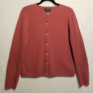 Lauren Ralph Lauren M Cardigan  Sweater Cableknit Button Front Lightweight Pink